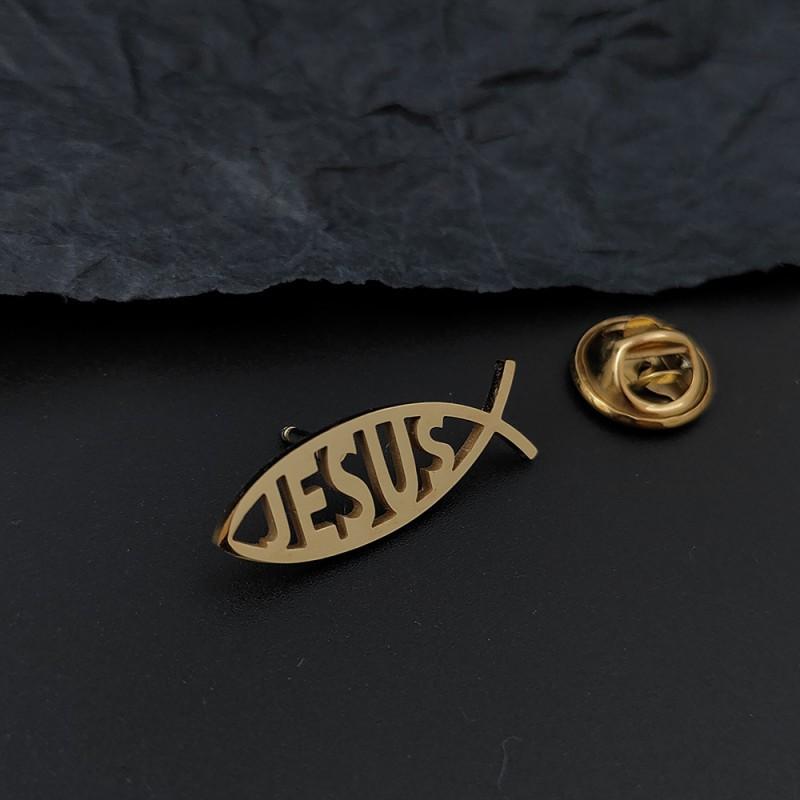 

New French English Letters JESUS Small Fish Men s Brooch Cufflinks Suit Personality Versatile Business Accessories 14k