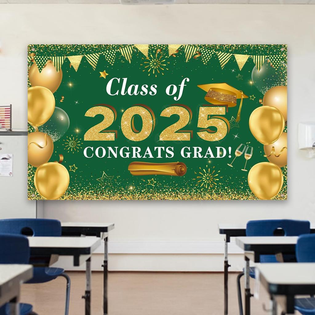 Graduation Decorations Congrats Grad Class of 2026 Backdrop - Green and Gold Grad Banner Background Photo Props Hanging Decorations for Indoor