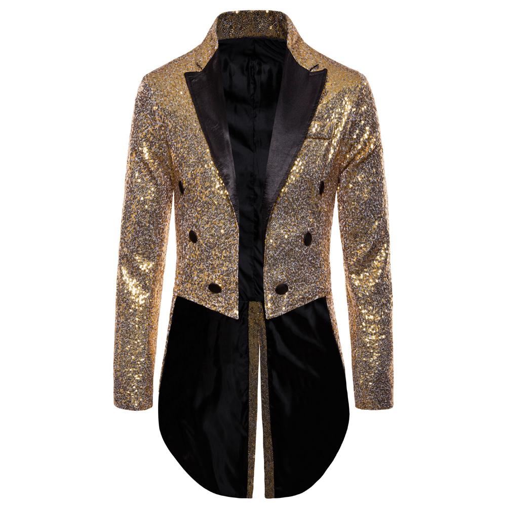 Shiny Gold Sequins Glitter Tailcoat Suit Jacket Male Double Breasted Wedding Groom Tuxedo Blazer Men Party Stage Prom Costume