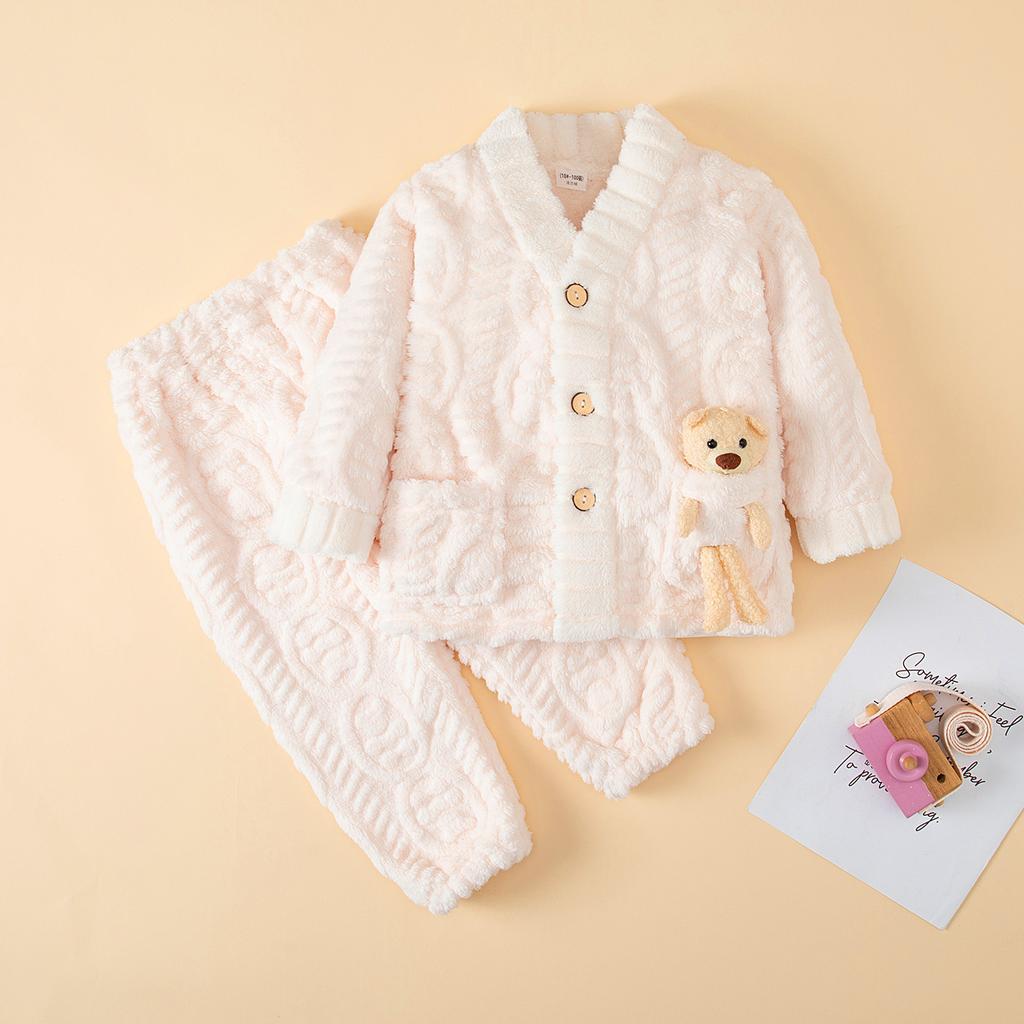 Dětské podzimní zimní měkké flanelové teplé pyžamové soupravy Dětský kabátek s kresleným medvídkem a kalhotami Pyžama pro chlapce a dívky Ležérní oblečení na spaní