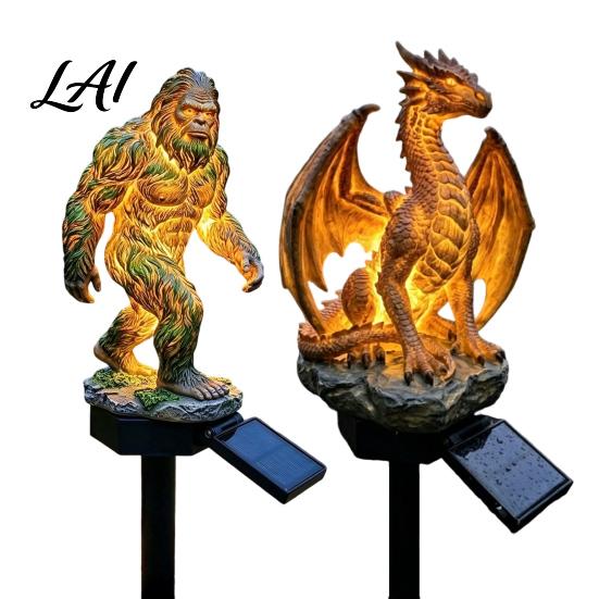 Golden Gorilla Solar Sculpture Dragon Garden Statue Light Gothic Medieval Resin Outdoor Lantern Sculpture Magical Fantasy Decor for Yard Patio,
