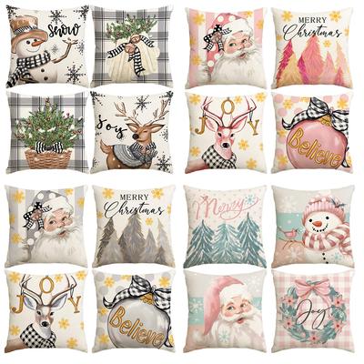 1 \ 4pcs Gray Christmas Snowman, Christmas Reindeer Print Pillow Cover, Home Sofa Decoration Cushion Cover (without Pillow Core)