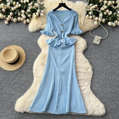 Retro Knitted Sweater Ruffle Sexy Single Breasted Elegant A-line Long Maxi Evening Party Dress Women Fashion Summer Clothing