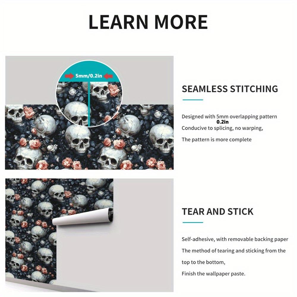 1roll Dark Style Skeleton Self-adhesive Wallpaper Waterproof Skull Floral Leaf Wallpaper Removable Wall Stickers for Living Room Furniture Restoration