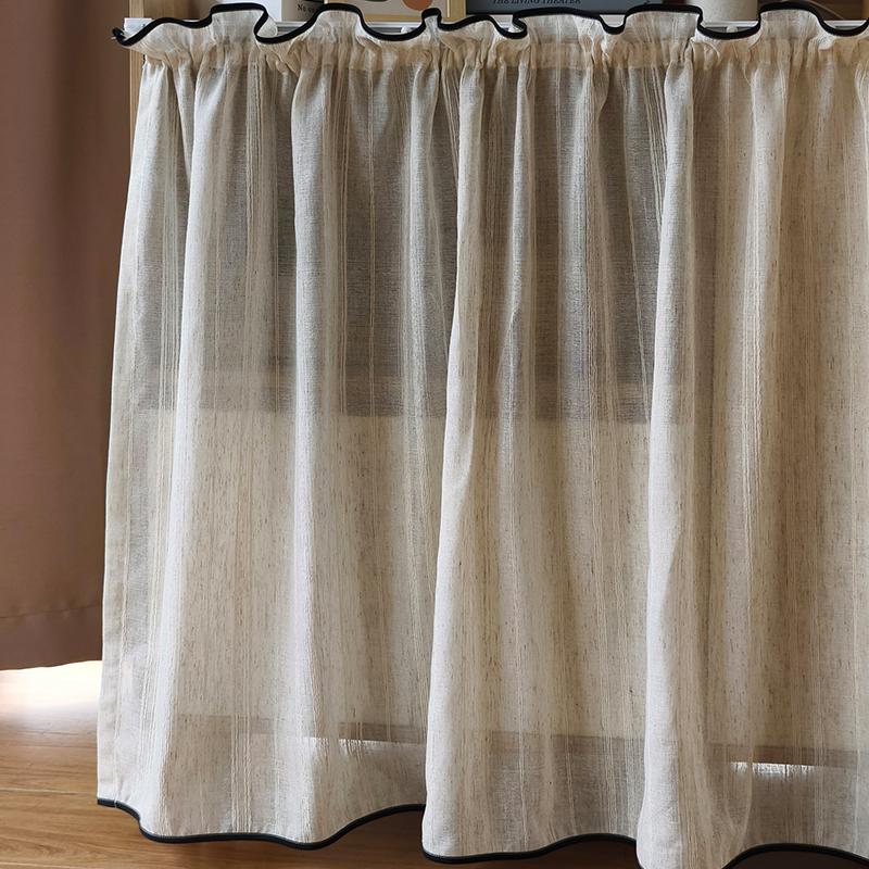 Short Kitchen Curtains Half Window Black Trim Beige Striped Sheer Voile Japanese Style Privacy Partition for Home Cafe Curtains