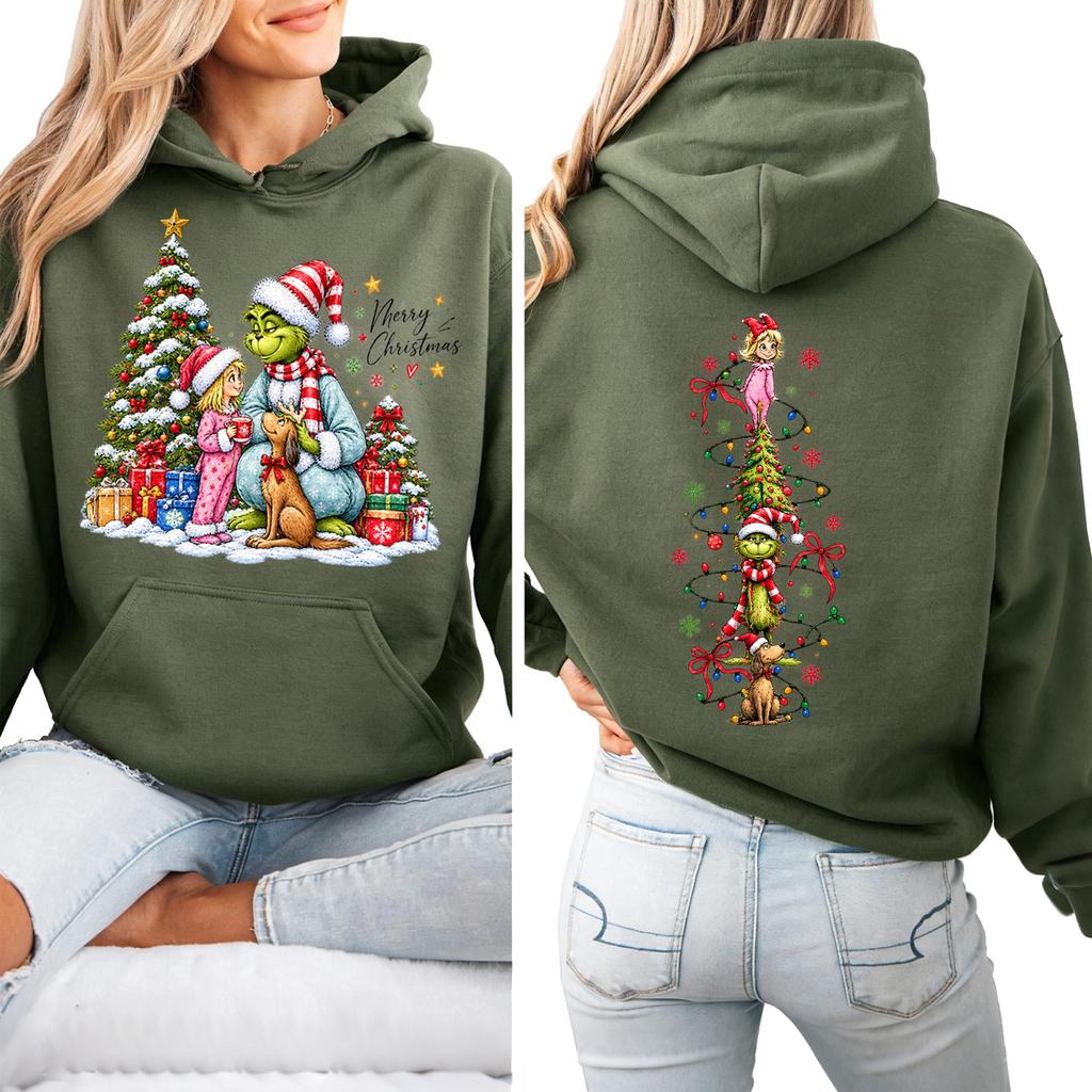 Women's Christmas Print Hooded Sweatshirt Lightweight Long Sleeve Pullover for Holiday