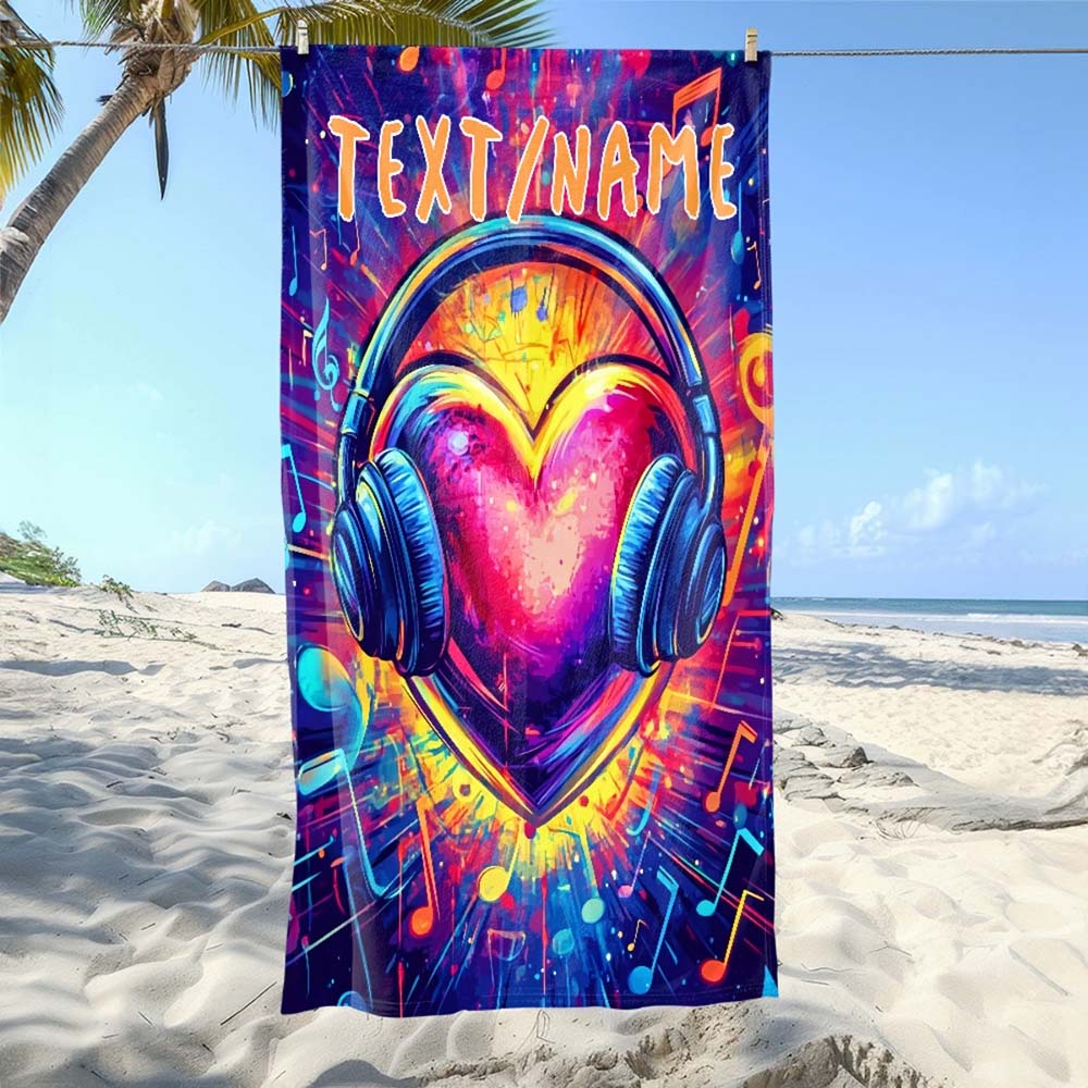 1pc Customized Music Heart Headphones Beach Towel, Personalized Name Psychedelic Pool Towel for Music Lovers