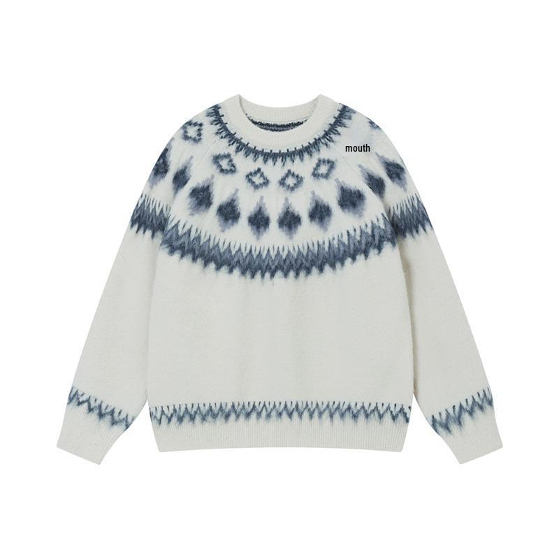 

Красный свитер в скандинавском стиле «Фэр-айл» - Модный унисекс трикотаж для пары на осень/зиму с рождественским дизайном, доступен в темно-синем цвете. M грязно-белый