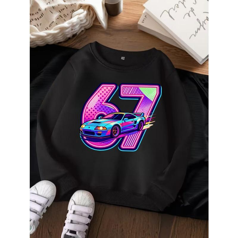 Unisex Kids Crewneck Sweatshirt For Over 4 Years Old Boys Girls Colorful Racing Sports Car Number 67 Soft Long Sleeve Pullover Top For 4-12 Children
