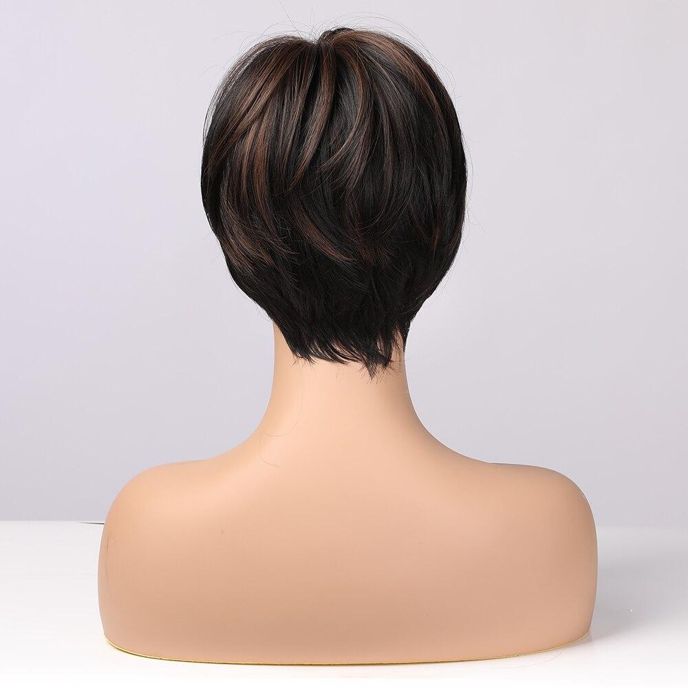 ALAN EATON Schwarzbraune synthetische Perücken mit Highlights, kurze gerade Perücken für Frauen, natürliches Haar, hitzebeständige Perücken mit Pony