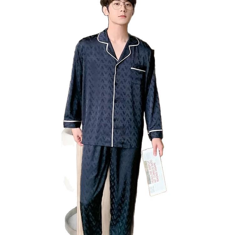 Herren Eisseide Jacquard Pyjama Set: Frühling/Herbst, Langärmlig, Leichtgewicht, Übergröße für drinnen/draußen.