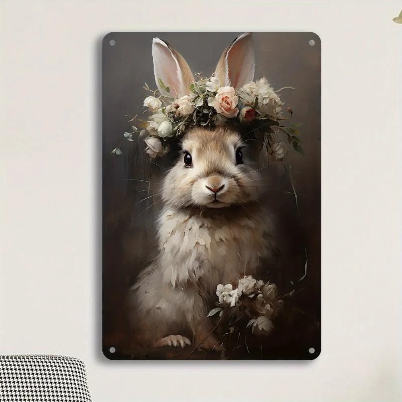Vintage Rabbit Metal Wall Art Retro Floral Tin Sign Home Bar Decor Easter Bunny 12x8 Inch