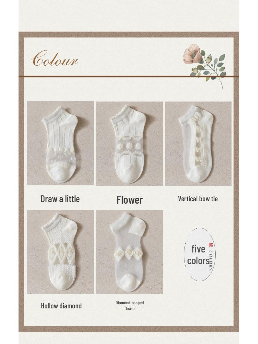 

Летние тонкие невидимые носки-лодочки из стеклянного шелка и кружева для женщин - ультратонкие и неглубокие носки Flower; One Size