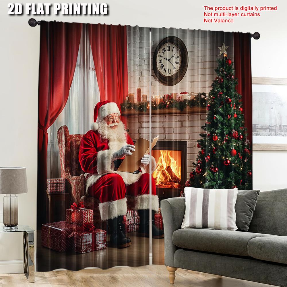 Set Of 2 Santa Curtains Old Claus Sitting Home Christmas Night Reading Letter Near Tree Living Room Bedroom Window Curtain For Made Polyester