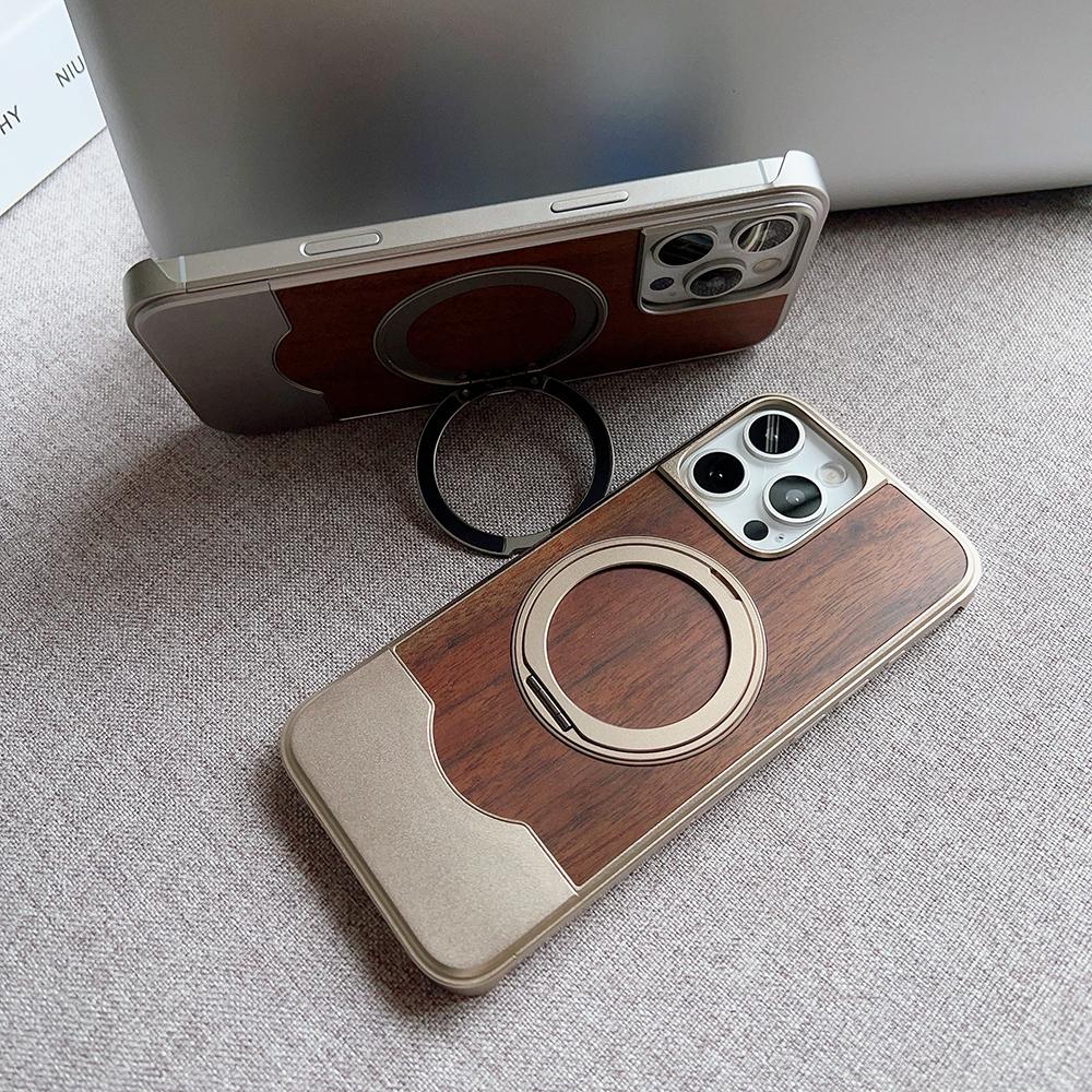 Alloy Wood Hybrid Case For iPhone 13 14 15 16 Pro Max 360° Rotation Metal Stand Matte Magentic Expandable Frameless Case Cover