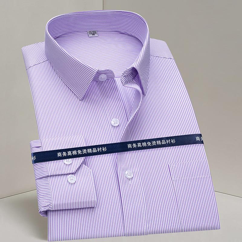 Men Formal Shirt Long Sleeve Office Solid Color Striped Anti-Wrinkle Fashion Business Pocket White Social Pocket Blue Shirt