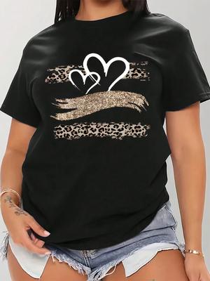 Women'S Black T-Shirt with Leopard Print and Heart Design Round Neck Short Sleeve Spring Summer Pullover Top Minimalist Style