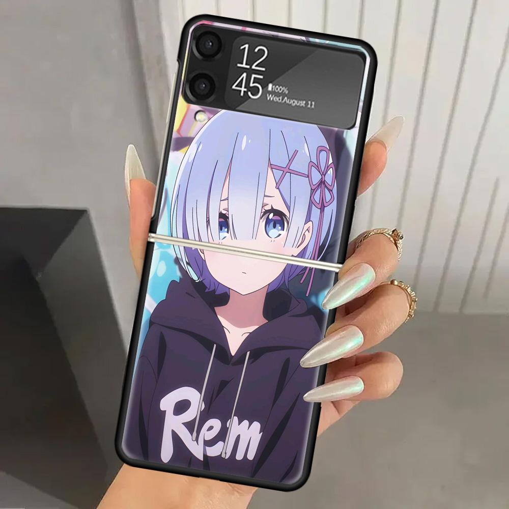 R-Rem Re Zero Anime Hard PC Phone Case For Samsung Galaxy Z Flip 7 6 5 4 3 Black ZFlip7 ZFlip6 Flip5 Flip4 Flip3 5G Print Cover