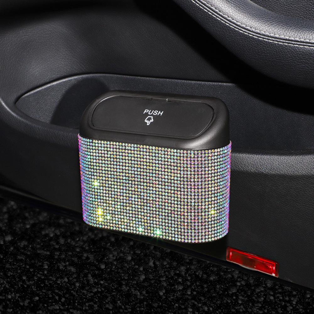 Diamond Crystal Car Trash Bin Hanging Vehicle Garbage Dust Case Storage Box Pressing Type Trash Can Auto Bling Accessories
