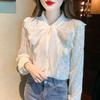 Spring and Autumn Korean Scarf Neck Bow Splice Lace Shirt Women's Foreign Versatile Slim Bottom Shirt