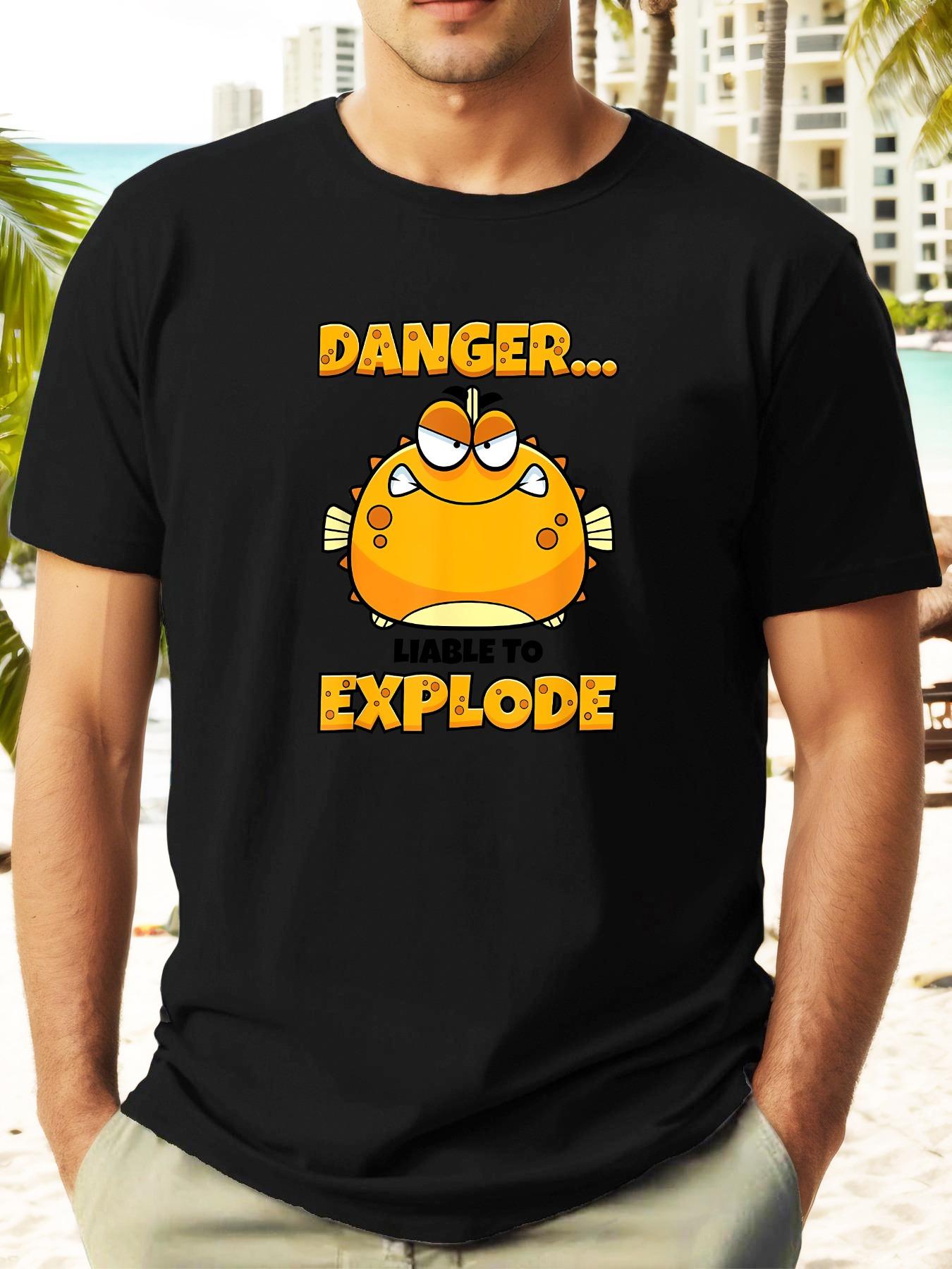 Cartoon Pufferfish Slogan Easily Explosive Summer Minimalist Stylish Short-Sleeve T-shirt. XXXXL