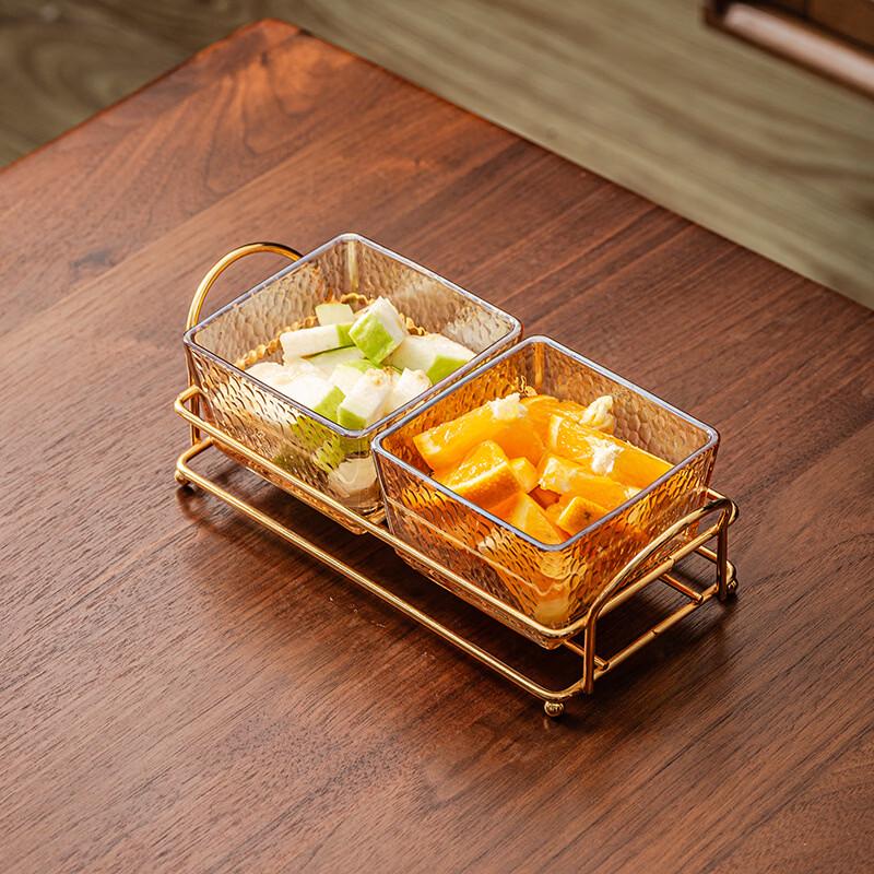 Bing Yue Hammered Glass Divided Snack Dish Set with Gold Stand
