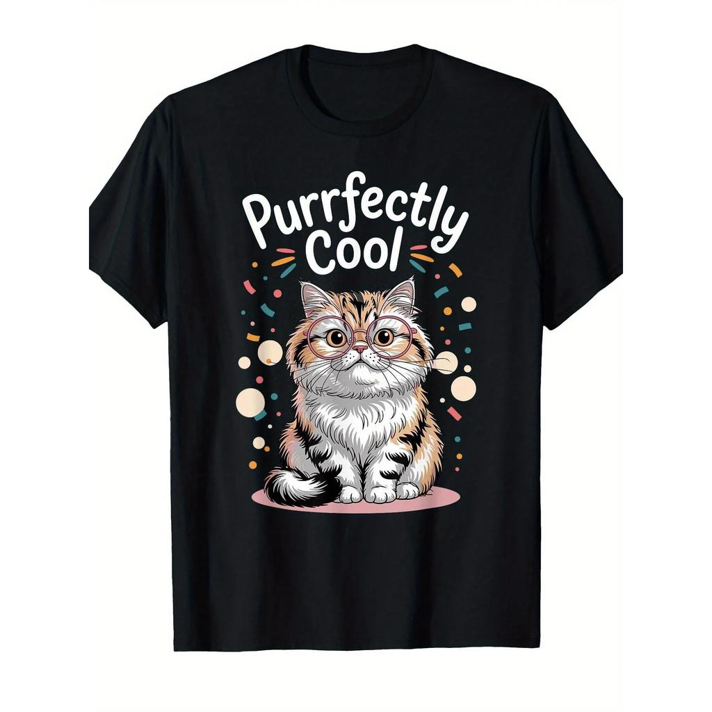 Purrfectly Cool Cat Graphic Tee Funny Kitten with Glasses Short Sleeve Crew Neck T-Shirt
