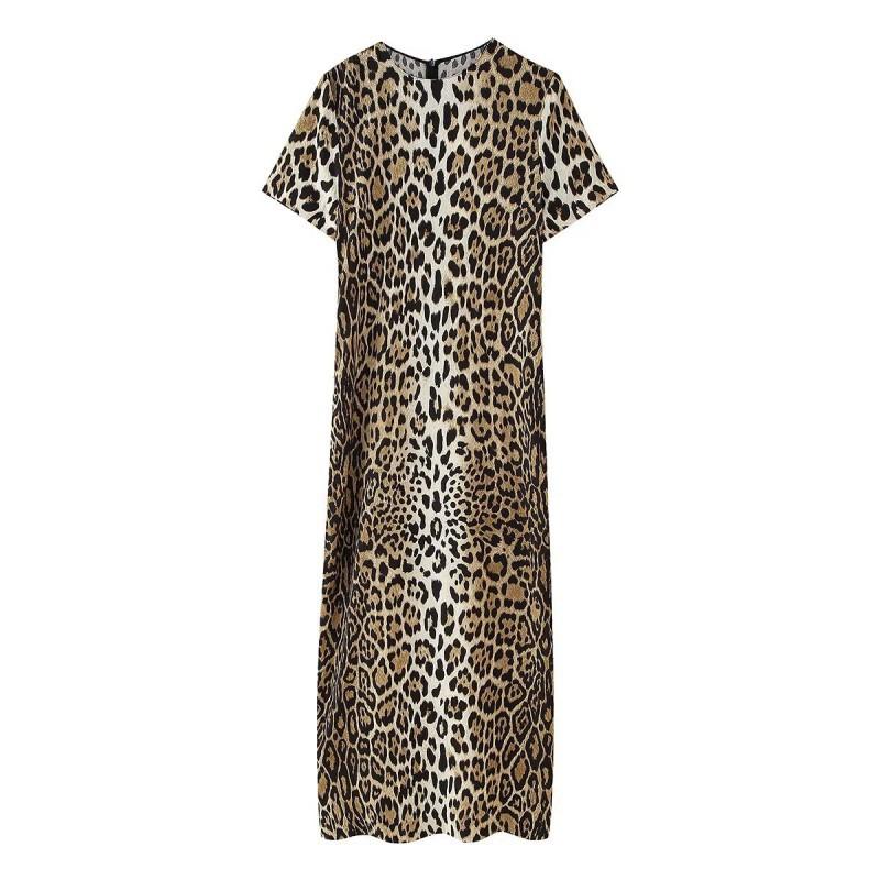 European American Women s Clothing Summer Fashionable Leopard Print Short-sleeved Long Dress S
