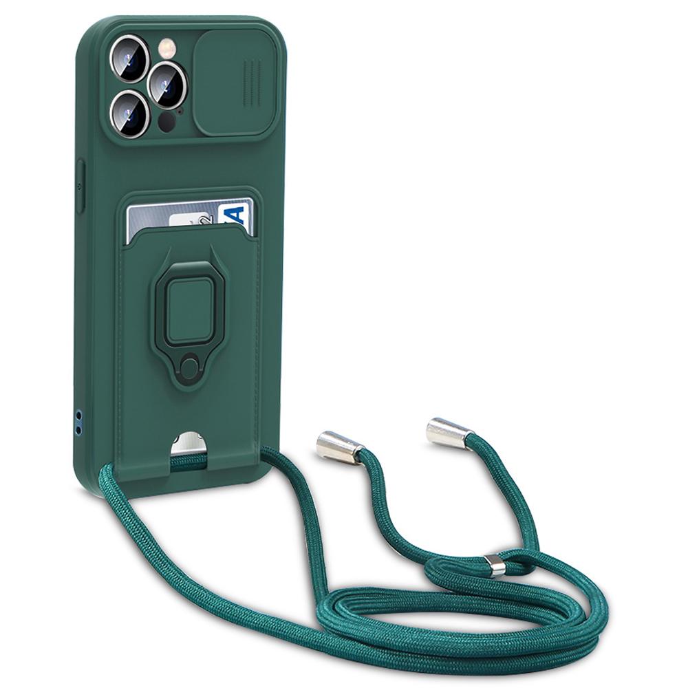 For iPhone 15 Pro Max Case Card Holder PC + TPU Phone Kickstand Cover with Lanyard