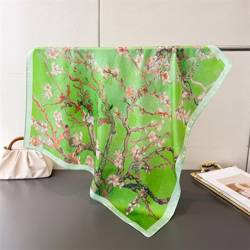 Luxury 70X70Cm Square Silk Scarf For Women Van Gogh Apricot Branch Print Shawl Wrap Fashion Accessory Hair Tie Bandana Hijab New