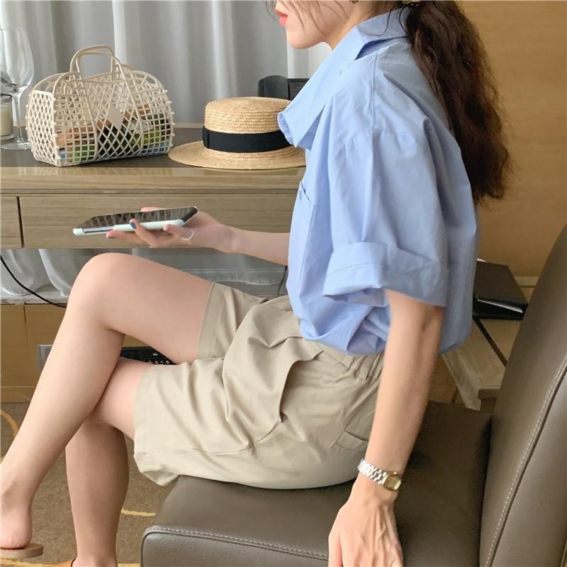 Cămașă de damă coreeană albastră lăptoasă, cu mânecă scurtă, largă, cu guler și design cu buzunar