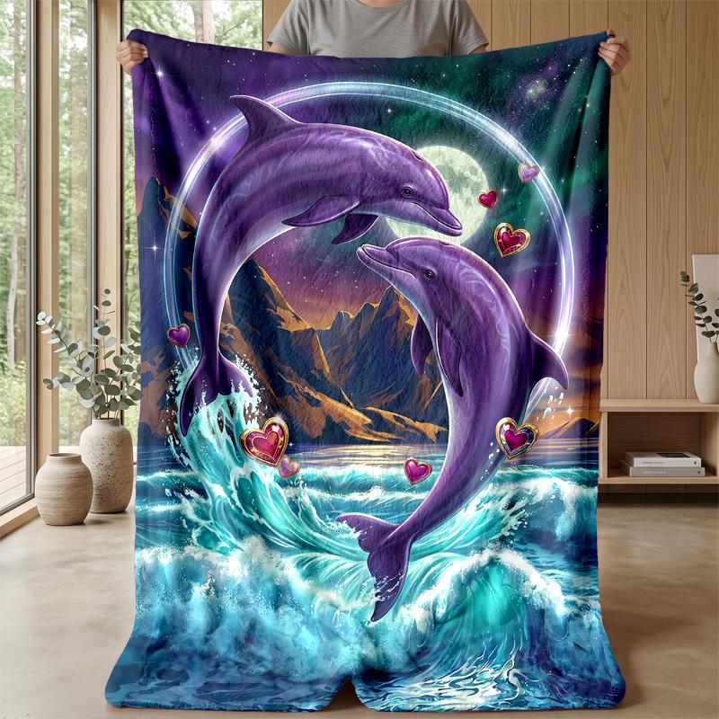 Dolphins in Heartful Ocean Theme blanket Lightweight Warm Flannel Blanket Decorative Throw Blanket for Home Decoration
