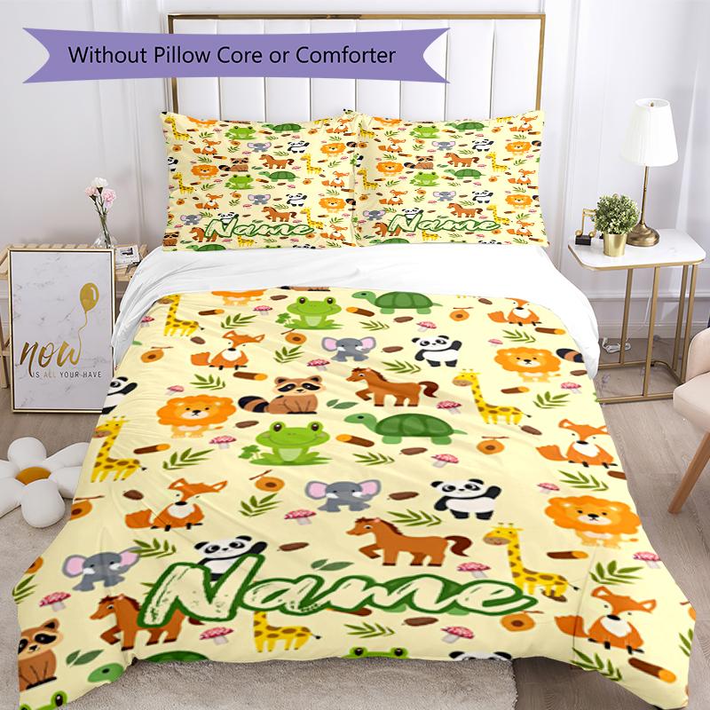 3pcs Custom Name Animals Bedding Set Duvet Cover Closure Includes 1 Duvet Cover & 2 Pillowcases, Soft and Comfortable for All Seasons.