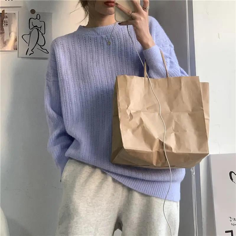 Mjuk stil på hösten och vintern Lösstickad tröja med lång ärm Damtröja Damstil Enfärgad tröja