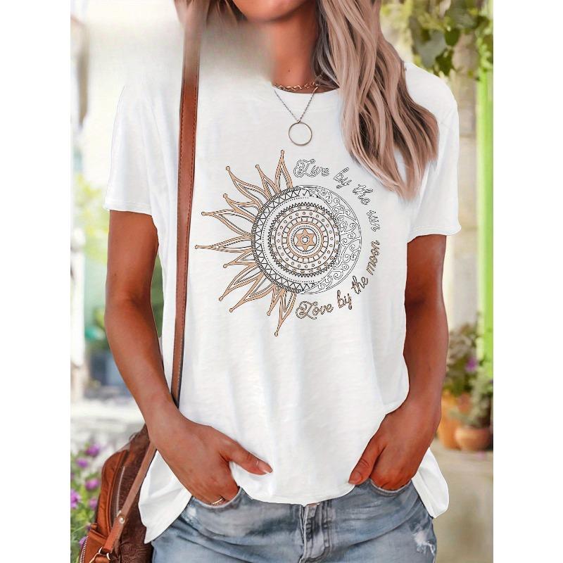 

European Size Plus Size - Plus Size - Celestial - Inspired Mantra Art Plus Size Women S Printed Casual Round Neck Short Sleeve Top 4XL білий