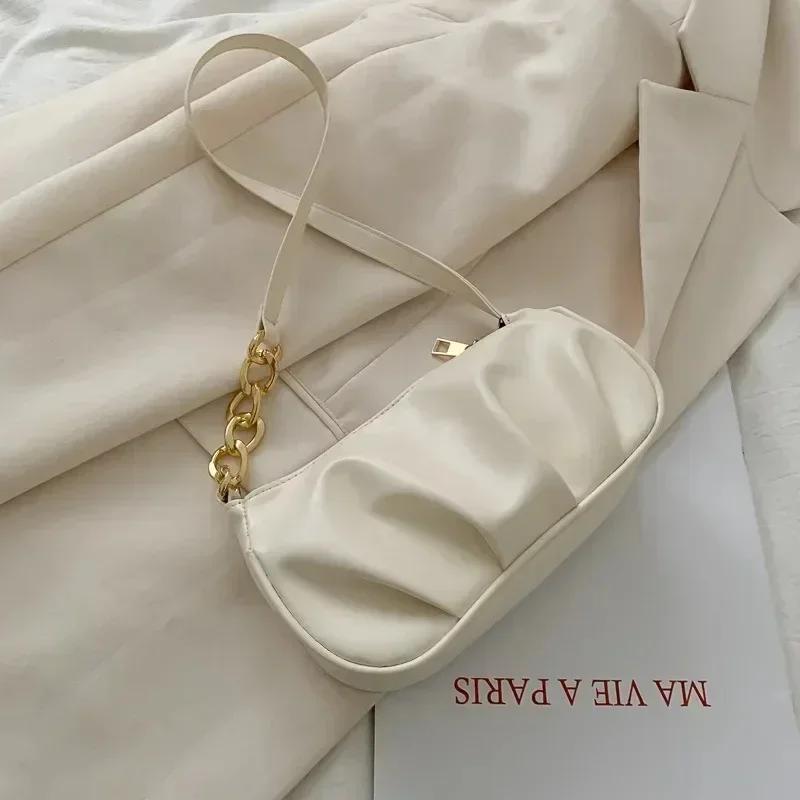 Fashion Elegant Armpit Sling Handbags Korean Style Solid Color PU Leather Bags Simple Shoulder Messenger Bags for Women