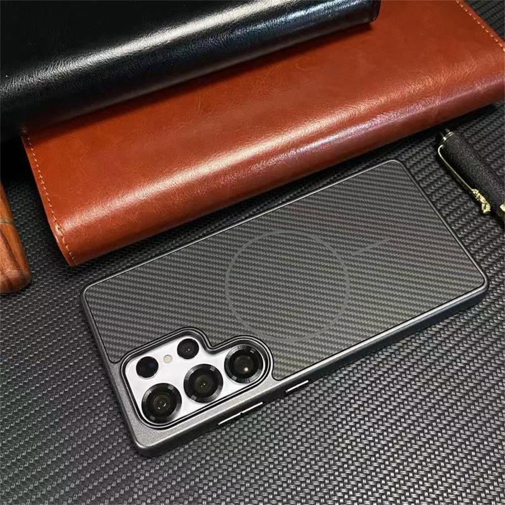 High End Carbon Fiber Pattern Magnetic Phone Cases For Samsung Galaxy S26 S25 S24 Ultra Plus Wireless Charging Shockproof Cover