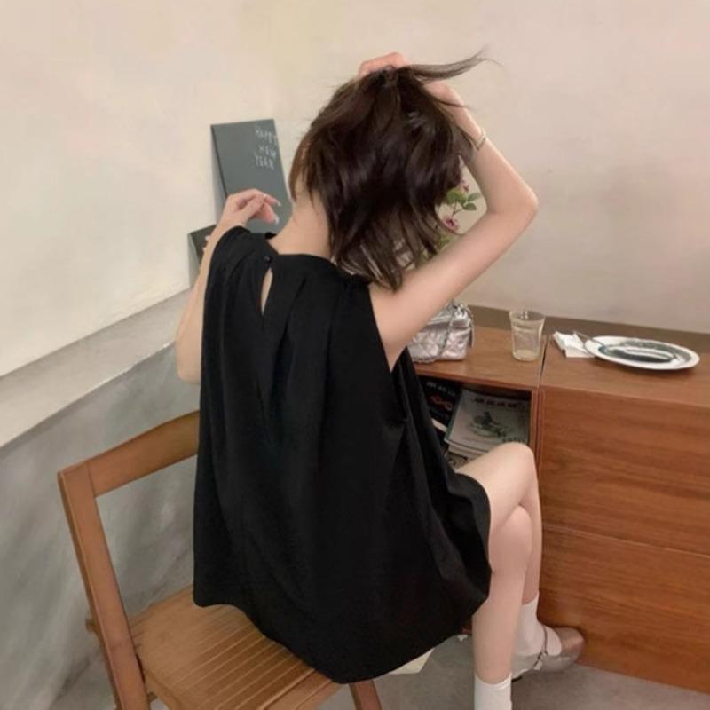 Women's New Summer Style Light Blue Halterneck Off-shoulder Sleeveless Vest Loose Casual Top