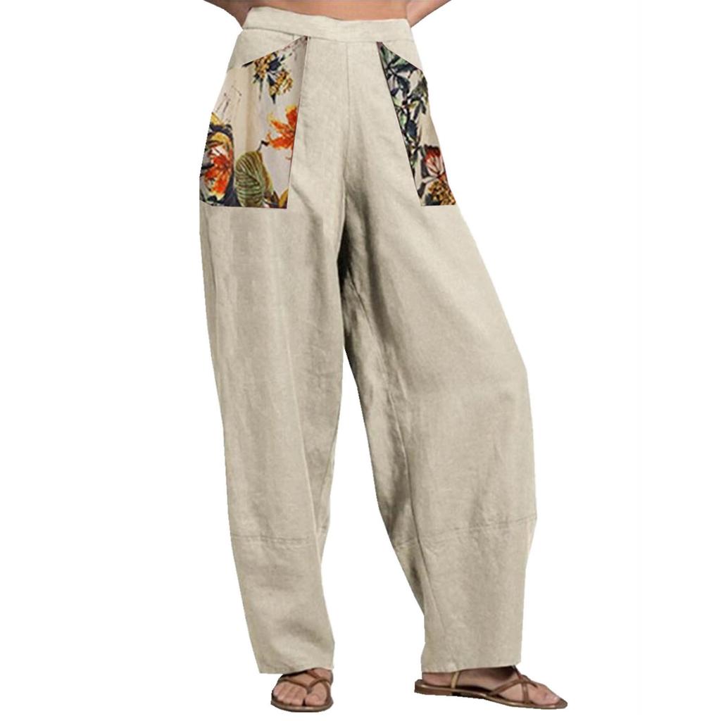Women's Fashion Quilting Cotton Linen Print Wide Leg Pants Loose Pants