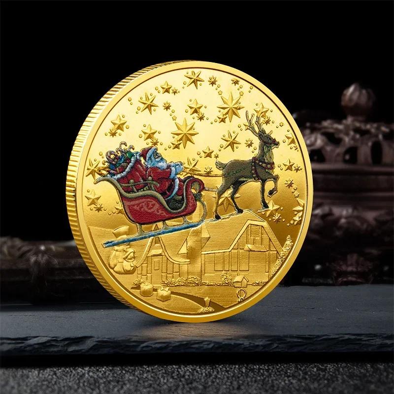 1Pcs Merry Christmas Plated Gold Coin Santa Claus Colorful Star Snow Collectible Coins Christmas Souvenirs