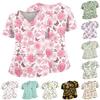 Women Floral Print V Neck Scrub Top with Pockets Side Slits Short Sleeve Medical Uniform Shirt for Healthcare Professionals
