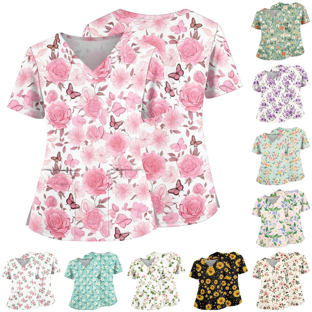 Women Floral Print V Neck Scrub Top with Pockets Side Slits Short Sleeve Medical Uniform Shirt for Healthcare Professionals