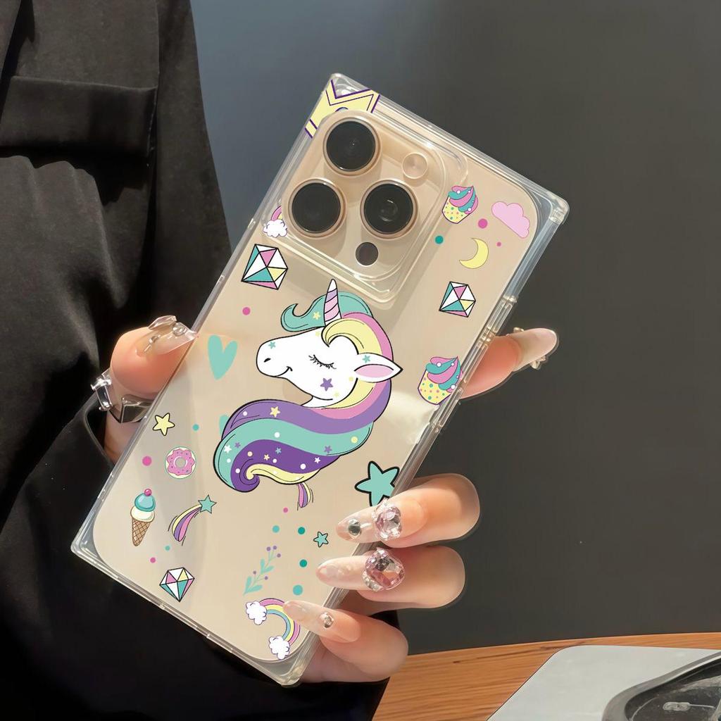 Clear Square Back Tube Case Protection For iPhone 11 15 Plus 12 16 ProMax 13 14 Pro Max Anti-Oxygen,Cartoon Unicorn Pattern Casing