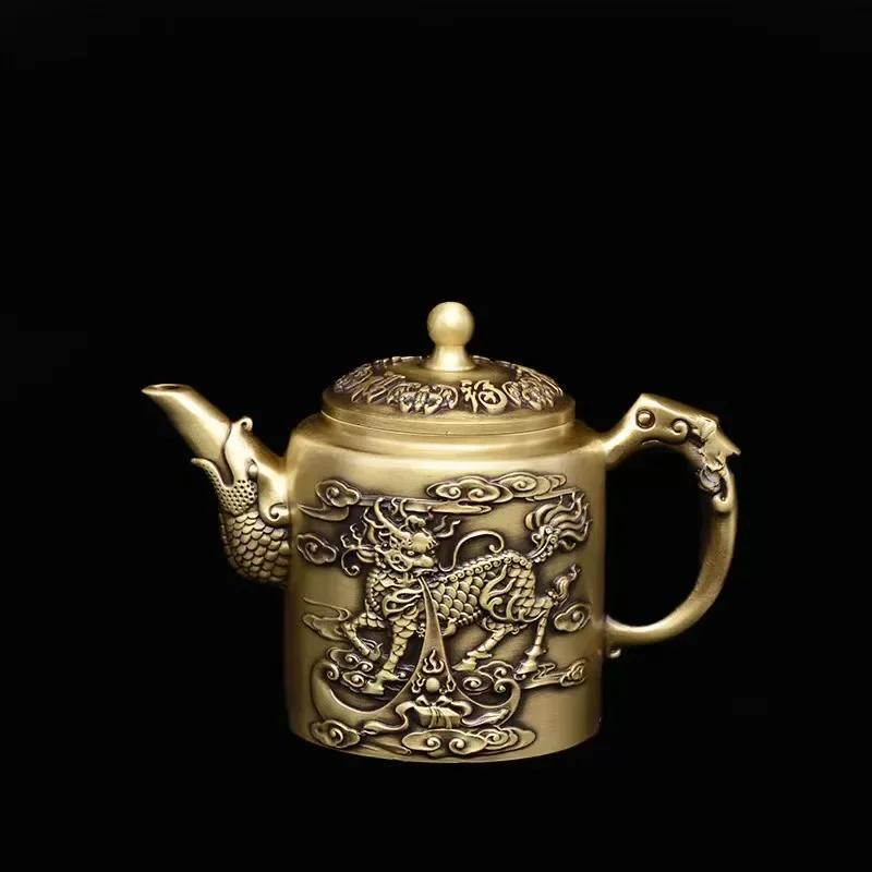 Brass Dragon and Phoenix Small Tea Pot Landscape Qilin Portable Table Decoration Bronze Ware