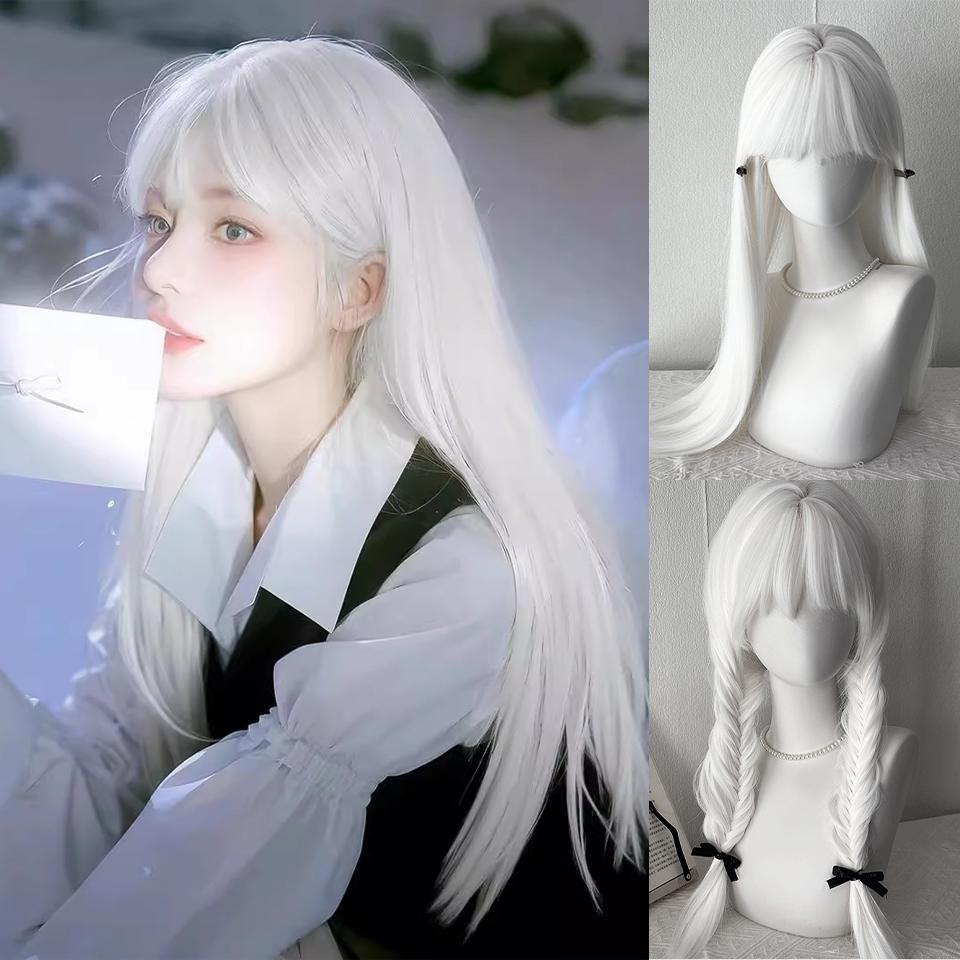 Perruques Longues Droites Blanches pour Femmes avec Frange Cheveux Synthétiques d'Aspect Naturel Perruque pour Halloween Cosplay Usage Quotidien 26inches gray