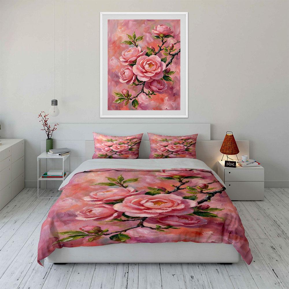 Pink roses with branches. Bedding sets Duvet cover sets Duvet covers Pillowcases(1 * Duvet Cover 2 * Pillowcases, without duvet insert)