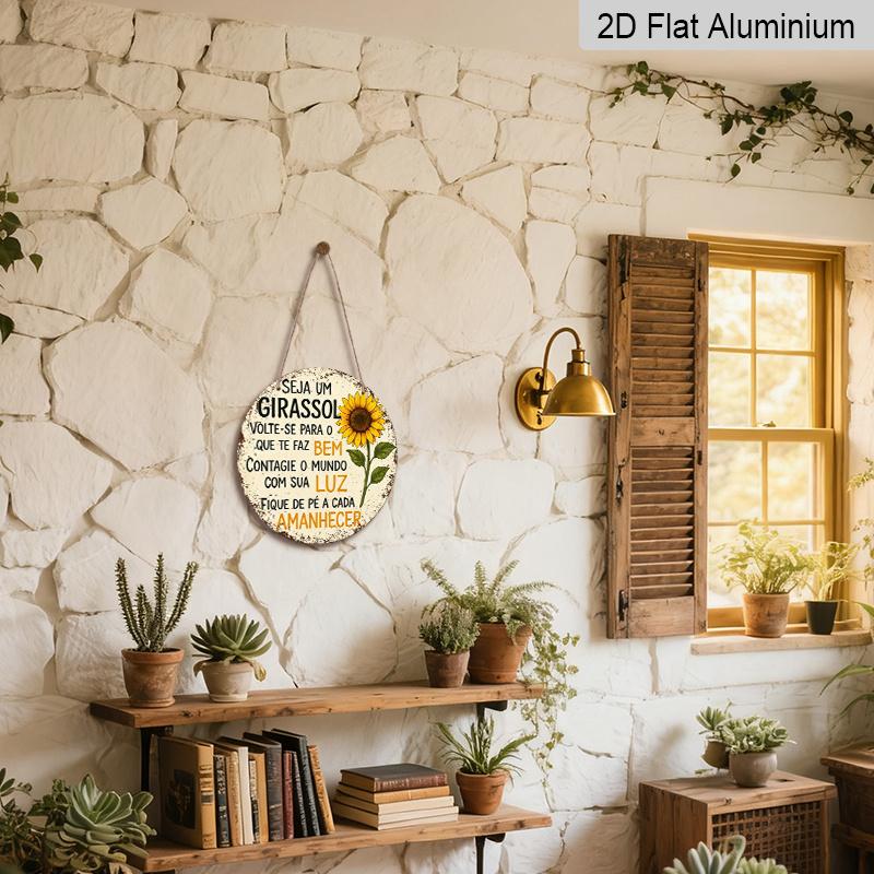 2D Flat, 1pc Round Aluminum Sign, Vintage Metal Plaque with Brazilian Portuguese Inspirational Quote, Bright Sunflower Floral Print, Rustic Farmhouse