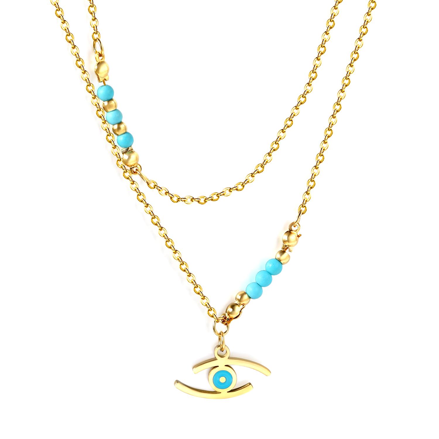 

New 1pcs Blue Lake Eyes Accessories Lake Blue Beads Steel beads 3mm Matching Chain Double Chain Golden Stainless Steel Necklace золотой