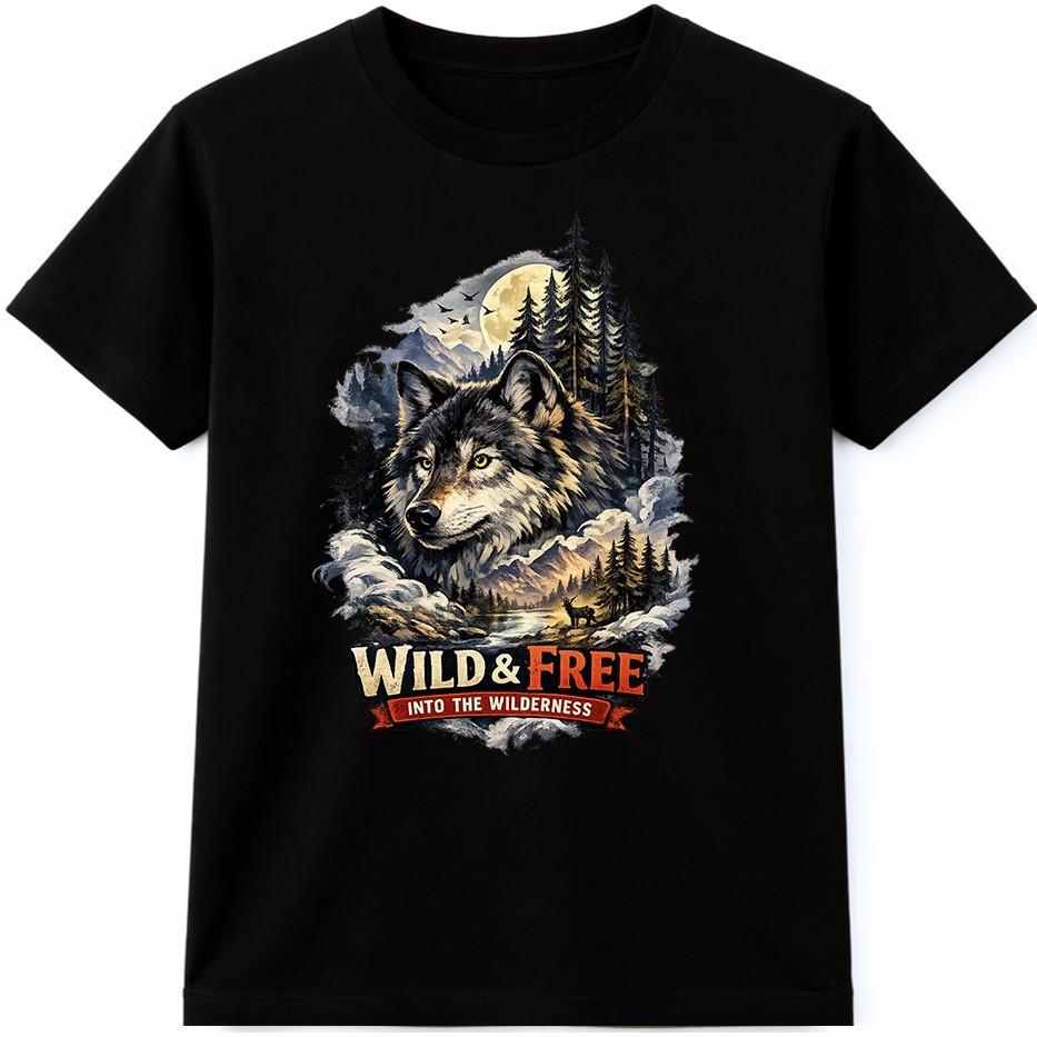 Wolf T Shirt Wild and Free Forest Mountain Nature Graphic Animal Lover Tee S разноцветный