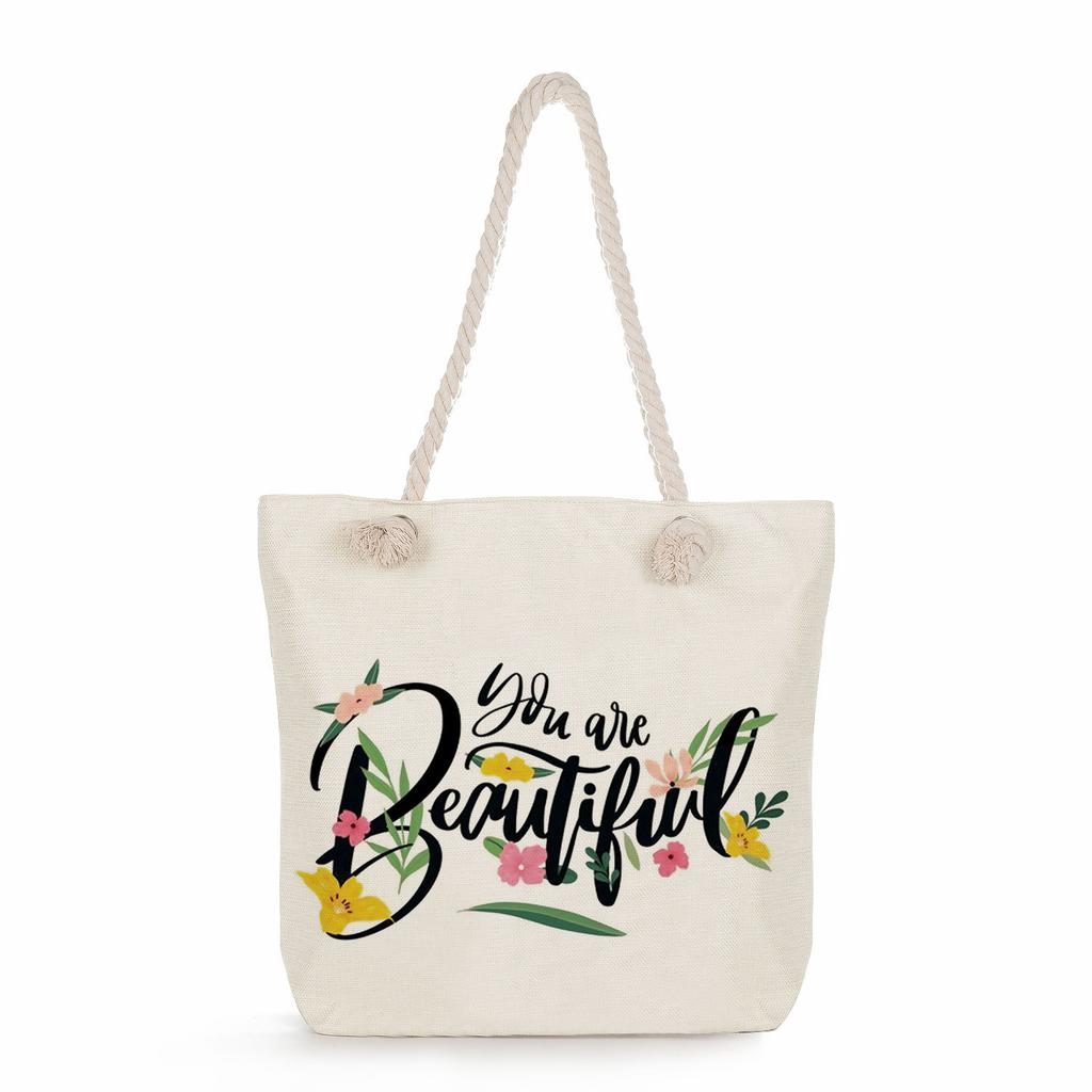 Multifunctional Trendy Letters Printed Thick Rope Shoulder Beach Bag Casual large capacity handbag 7593